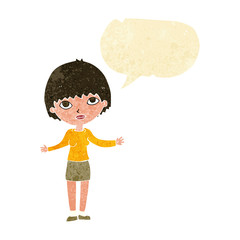 cartoon woman shrugging  with speech bubble