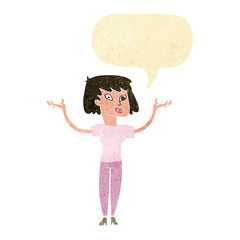 cartoon woman holding up hands with speech bubble