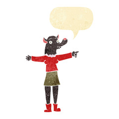 Obraz na płótnie Canvas cartoon pointing werewolf woman with speech bubble
