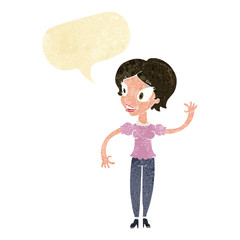 cartoon woman waving with speech bubble