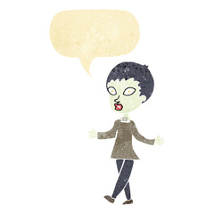 cartoon halloween zombie woman with speech bubble