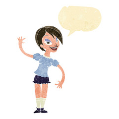 cartoon girl waving with speech bubble