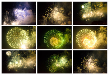 Set of Colorful Fireworks in the Night Sky.