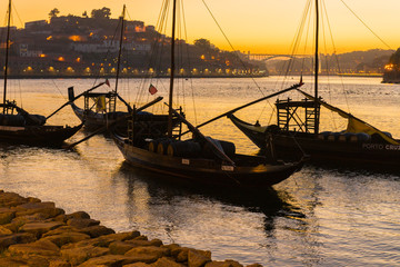  "Rabelo" boats in the River Douro at sunset, Porto (Portugal) 