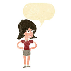 cartoon annoyed woman with hands on hips with speech bubble