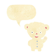 cartoon waving polar bear cub with speech bubble