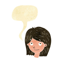 cartoon happy female face with speech bubble