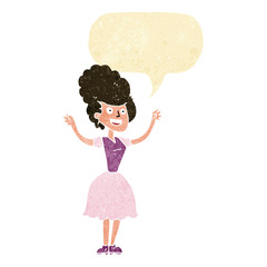 cartoon happy 1950's woman with speech bubble