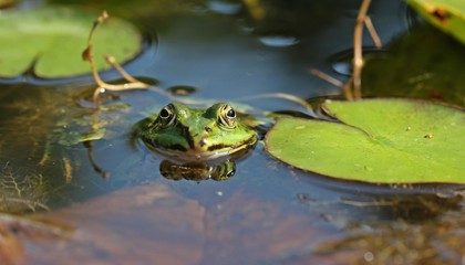 Teichfrosch (Pelophylax esculentus) mit Blattlaus auf der Nase zwischen Seerosenblättern

