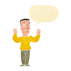 cartoon man surrendering with speech bubble