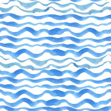 Watercolor strips seamless pattern set.Blue cyan wave background