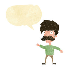 cartoon man with mustache waving with speech bubble