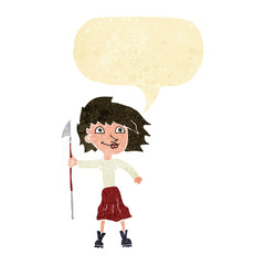 cartoon woman with spear with speech bubble