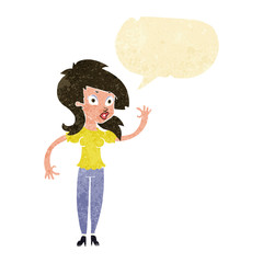 cartoon pretty woman waving with speech bubble