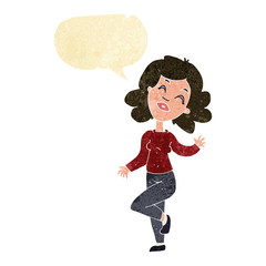 cartoon happy woman dancing with speech bubble
