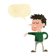 cartoon man making dismissive gesture with speech bubble