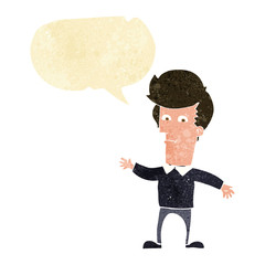 cartoon waving man with speech bubble
