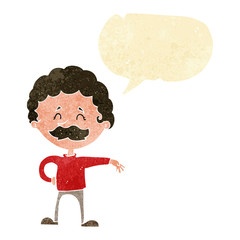 cartoon man making camp gesture with speech bubble