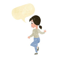 cartoon woman waving with speech bubble