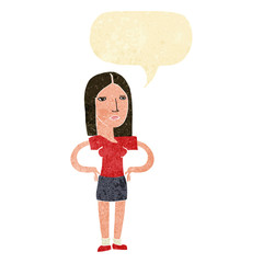 cartoon woman with hands on hips with speech bubble