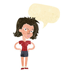 cartoon woman with hands on hips with speech bubble