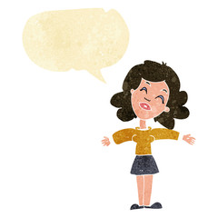 cartoon woman with open arms with speech bubble