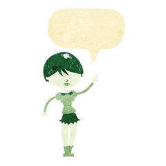 cartoon vampire girl waving with speech bubble