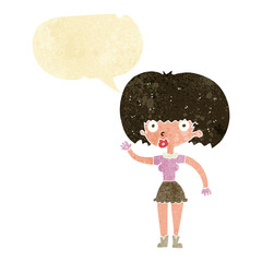 cartoon woman waving with speech bubble