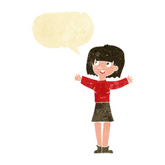 cartoon excited woman with speech bubble