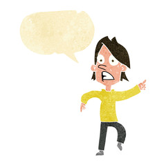 cartoon worried man pointing with speech bubble