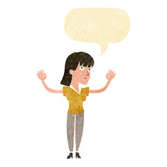 cartoon woman throwing hands in air with speech bubble
