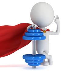 3d superhero presenting red dumbbell