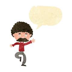 cartoon mustache man disco dancing with speech bubble