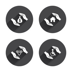 Hands insurance icons. Money savings sign.