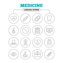 Medicine icons. Syringe, heartbeat and pills.