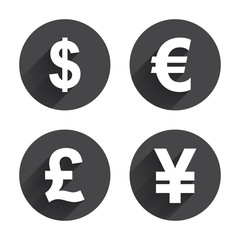 Dollar, Euro, Pound and Yen currency icons.