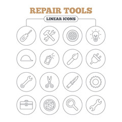 Repair tools icons. Hammer with wrench key.