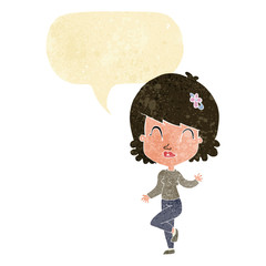 cartoon pretty woman dancing with speech bubble
