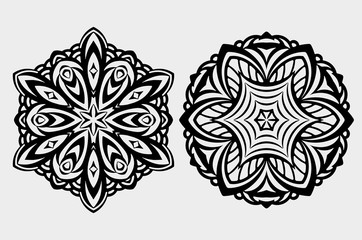 Set of 2 abstract, vector black round lace design in mono line s