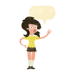 cartoon pretty woman waving for attention with speech bubble