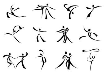 Naklejka na ściany i meble Abstract black icons of dancing people
