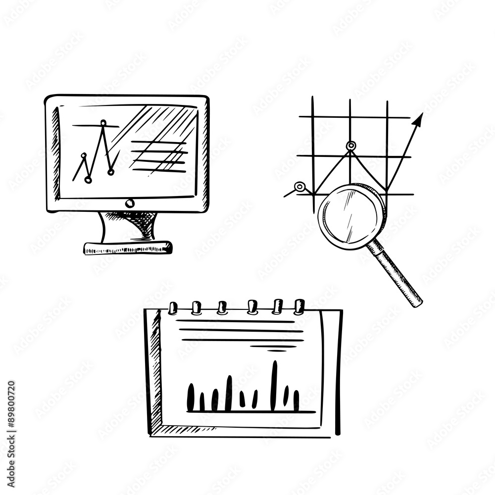 Poster monitor, notebook and business chart sketches