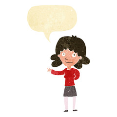 cartoon friendly woman with speech bubble