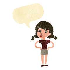 cartoon pretty girl with hands on hips with speech bubble