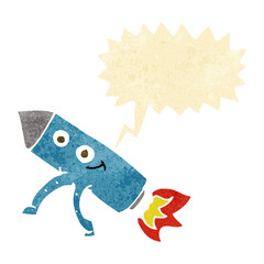 cartoon happy rocket with speech bubble