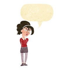 cartoon pretty girl tilting head with speech bubble