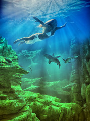 Fototapeta na wymiar woman underwater in the sea