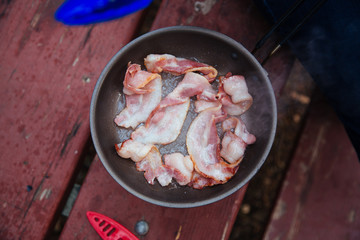 Bacon sizzling in a frypan