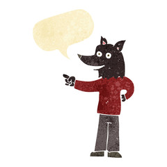 cartoon wolf man pointing with speech bubble