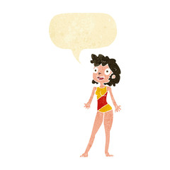 cartoon woman in swimming costume with speech bubble